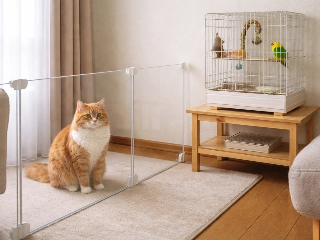 Cat separated behind a bird-safe barrier in a calm indoor play area near a closed bird cage.