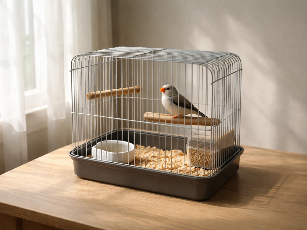Small finch cage on a quiet table, perches placed away from drafts, soft natural light, calm home setting.