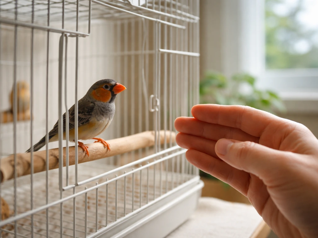 A calm finch sits inside its cage while a hand hovers near the door, no touching yet.