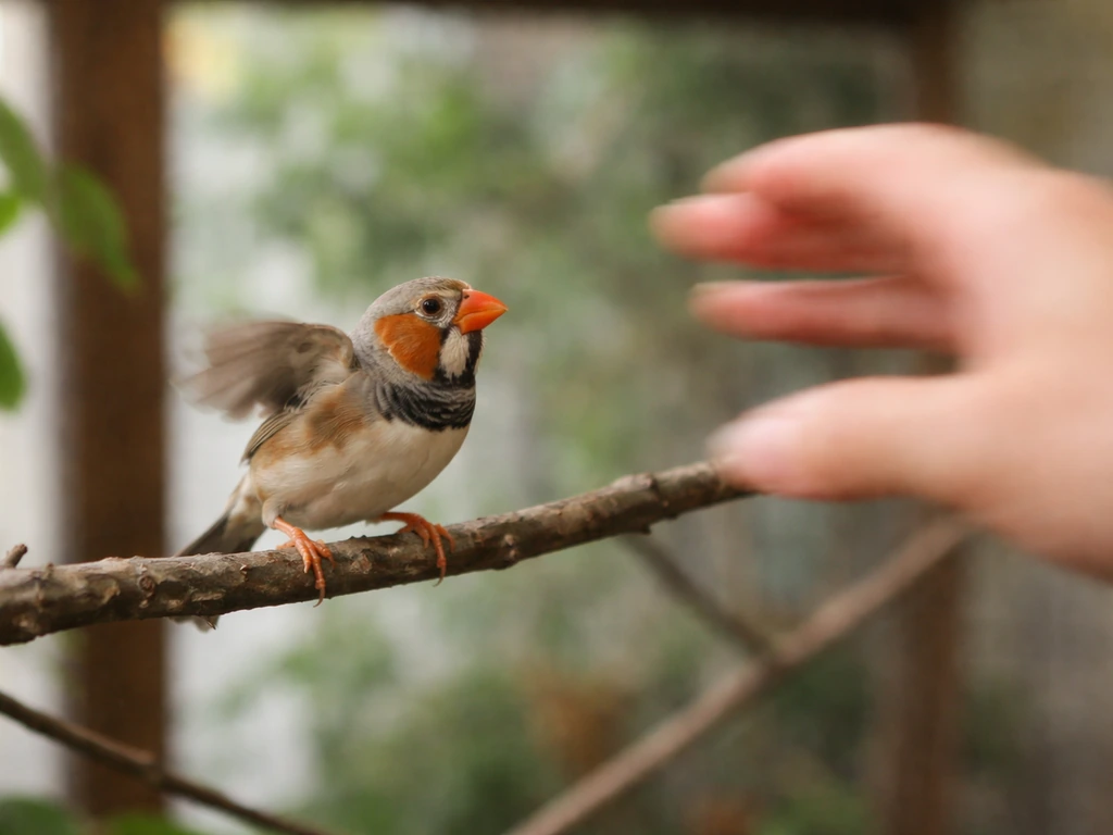 A finch flinches and hops back as a hand moves quickly nearby in an indoor aviary.