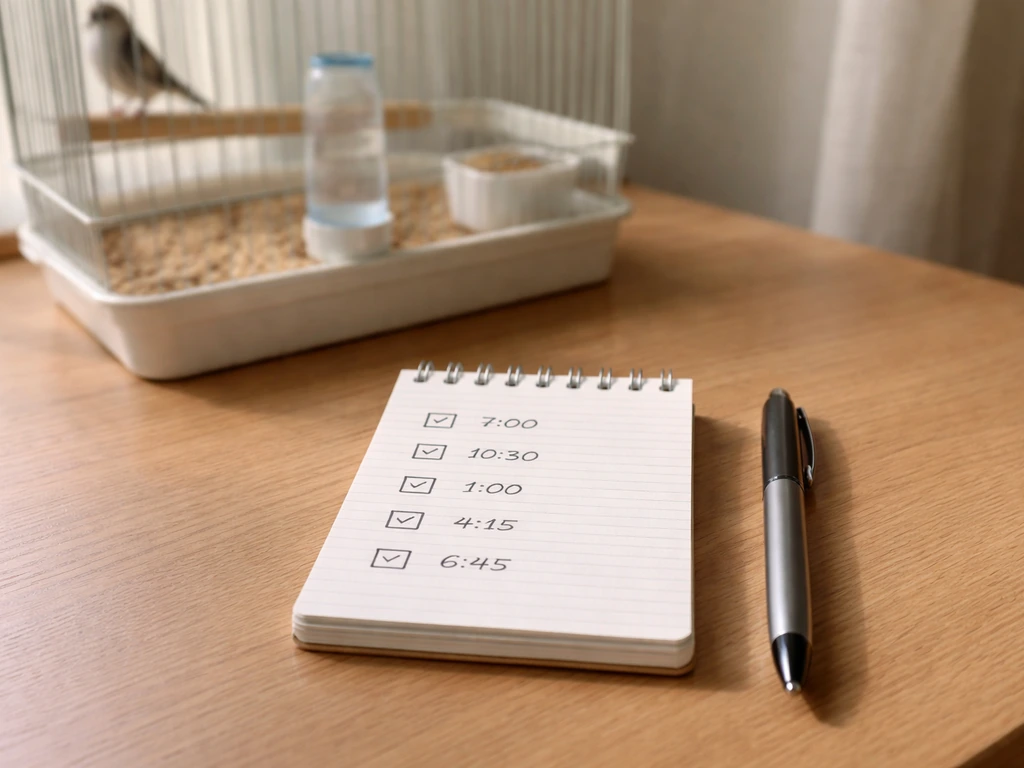 Notebook checklist with pen beside a finch cage setup showing visible water and food.