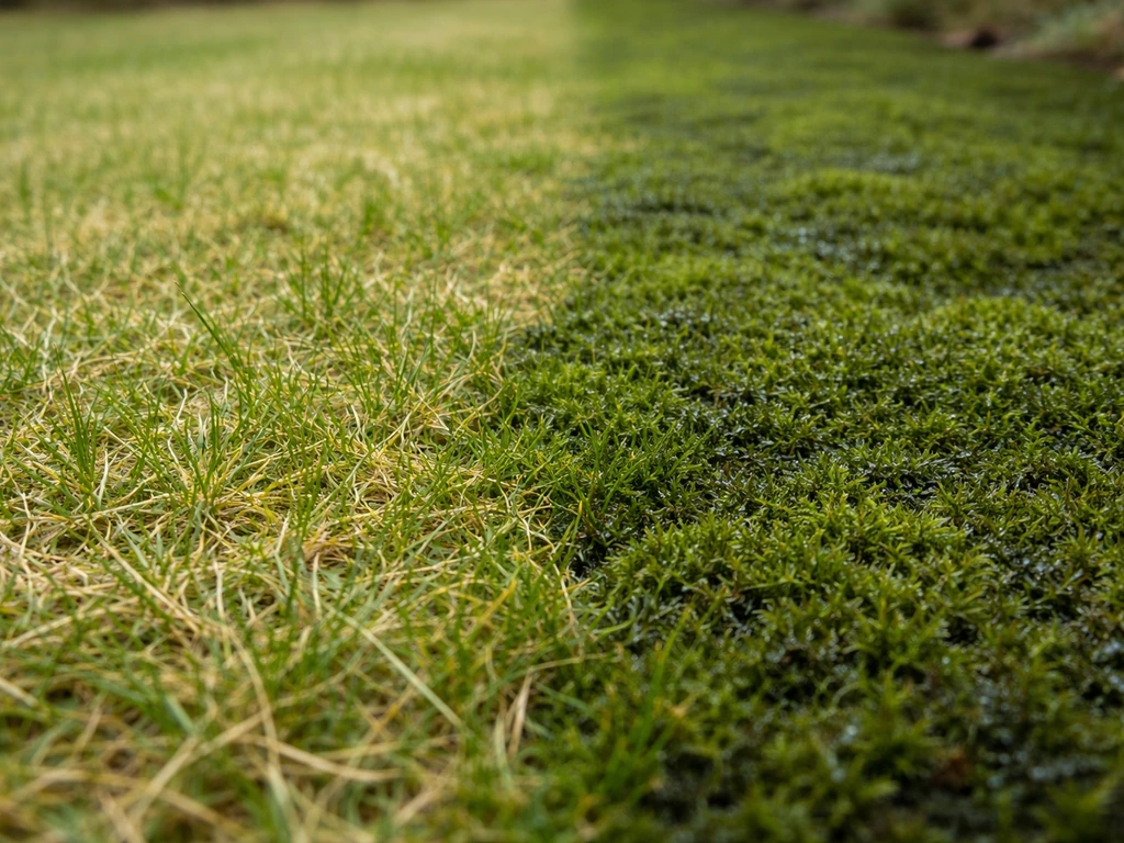 Close-up van gazon: bleek/geelgroen gras met een mosrand die donkerder en dichter is.