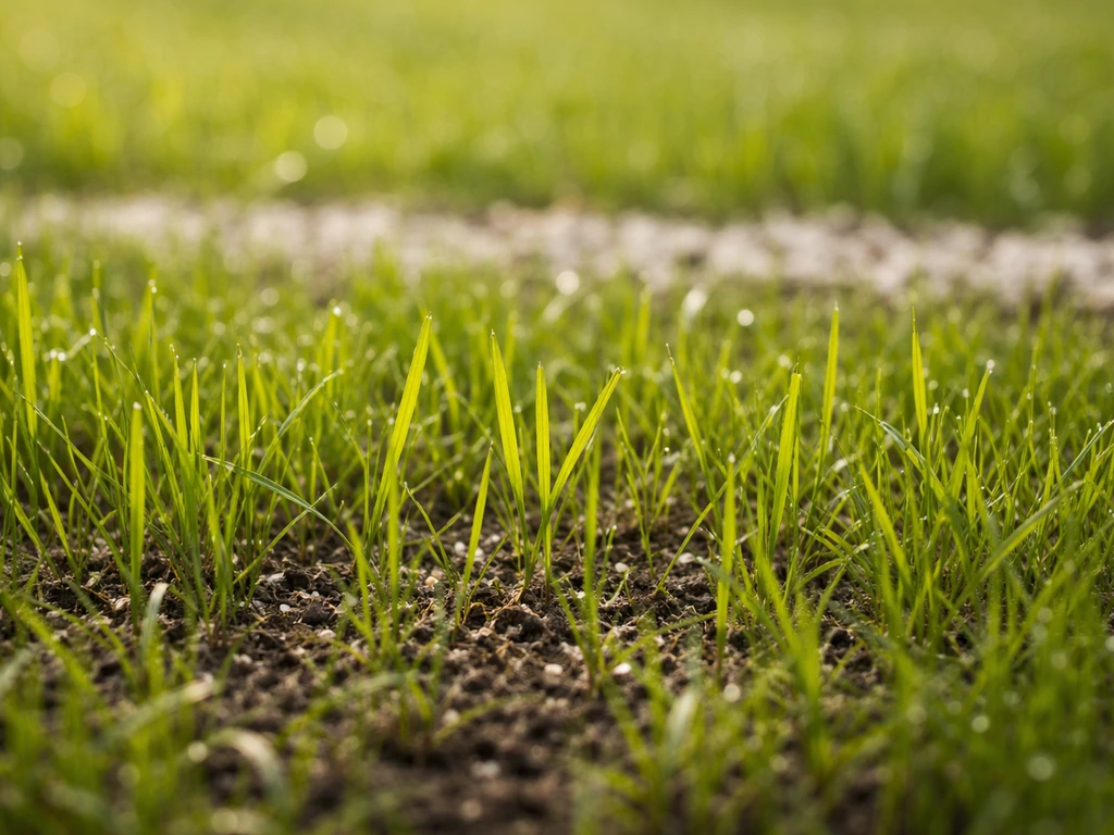 Jong, duidelijk groeiend gazon in begin april met licht gestrooide bemestingskorrels op de achtergrond