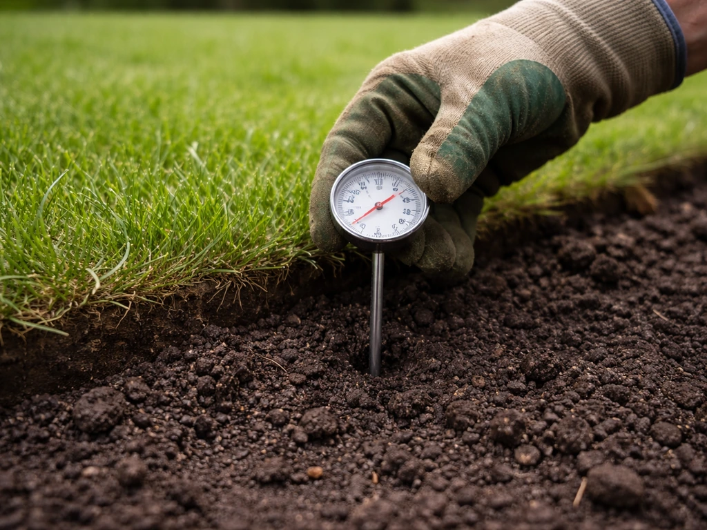 Iemand meet bodemtemperatuur met een tuinhandschoen in vochtige grond bij het gazon, klaarmaken voor strooien