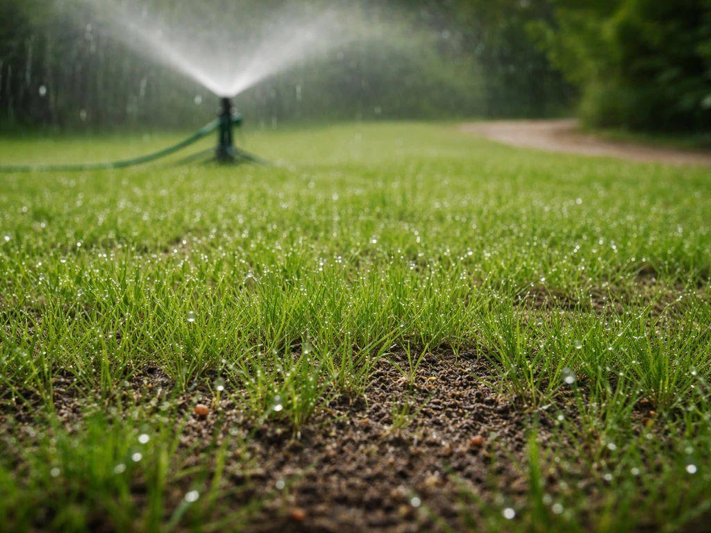 Beregend gazon direct na het strooien, waterdruppels op gras en beregeningsinstallatie op de achtergrond