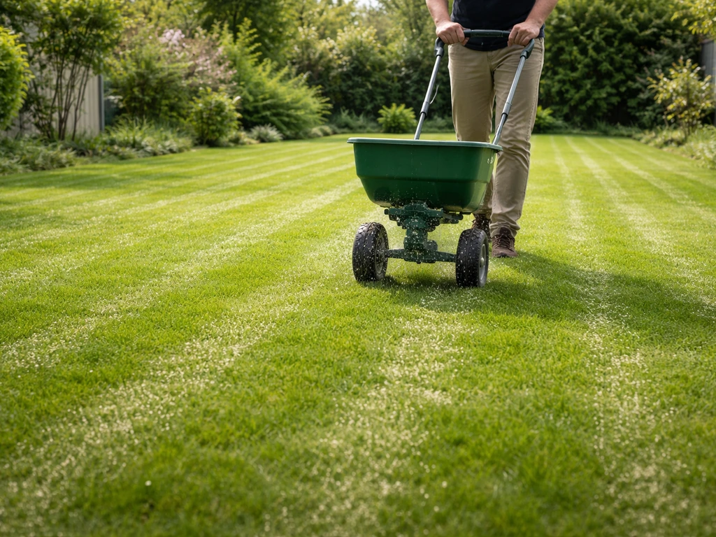 Nederlands voorjaarsgazon met strooier die mestkorrels uitbrengt, gazon in goede conditie.