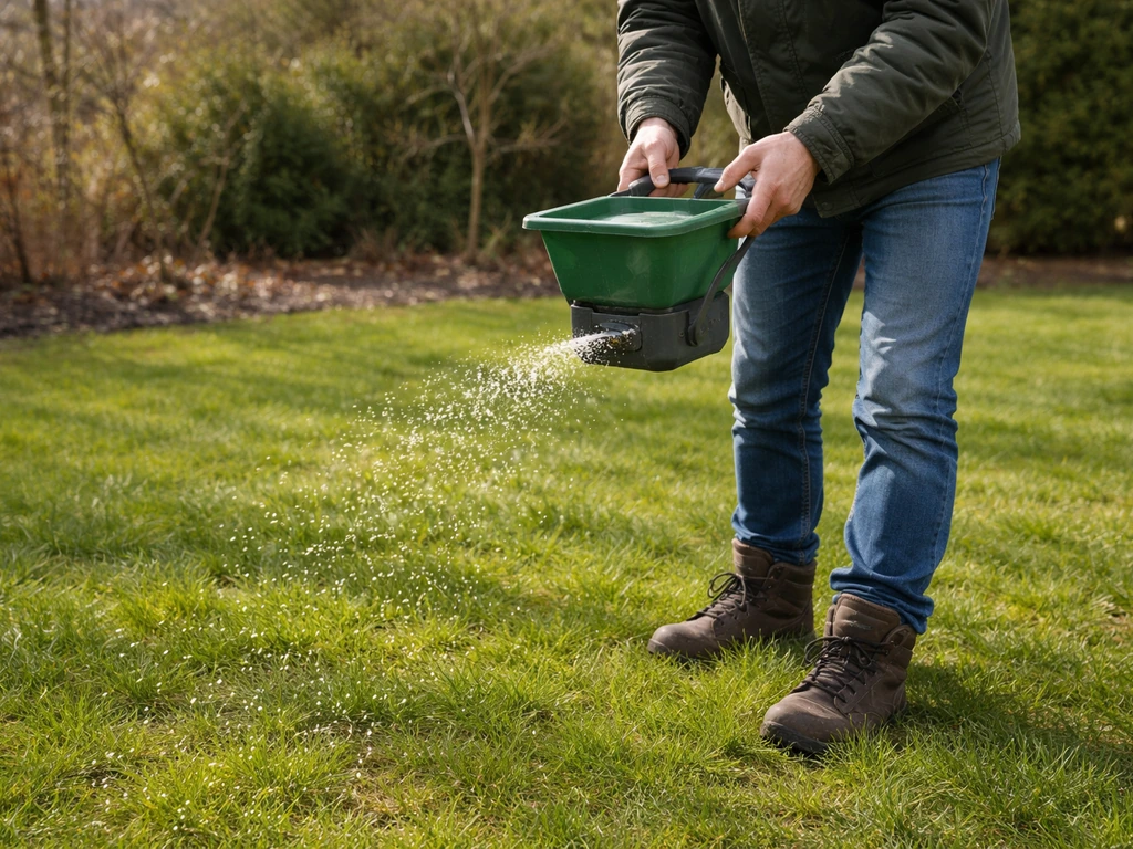 Anonieme handen strooien mestkorrels op een groen gazon in vroeg voorjaar, met nieuw groei zichtbaar.