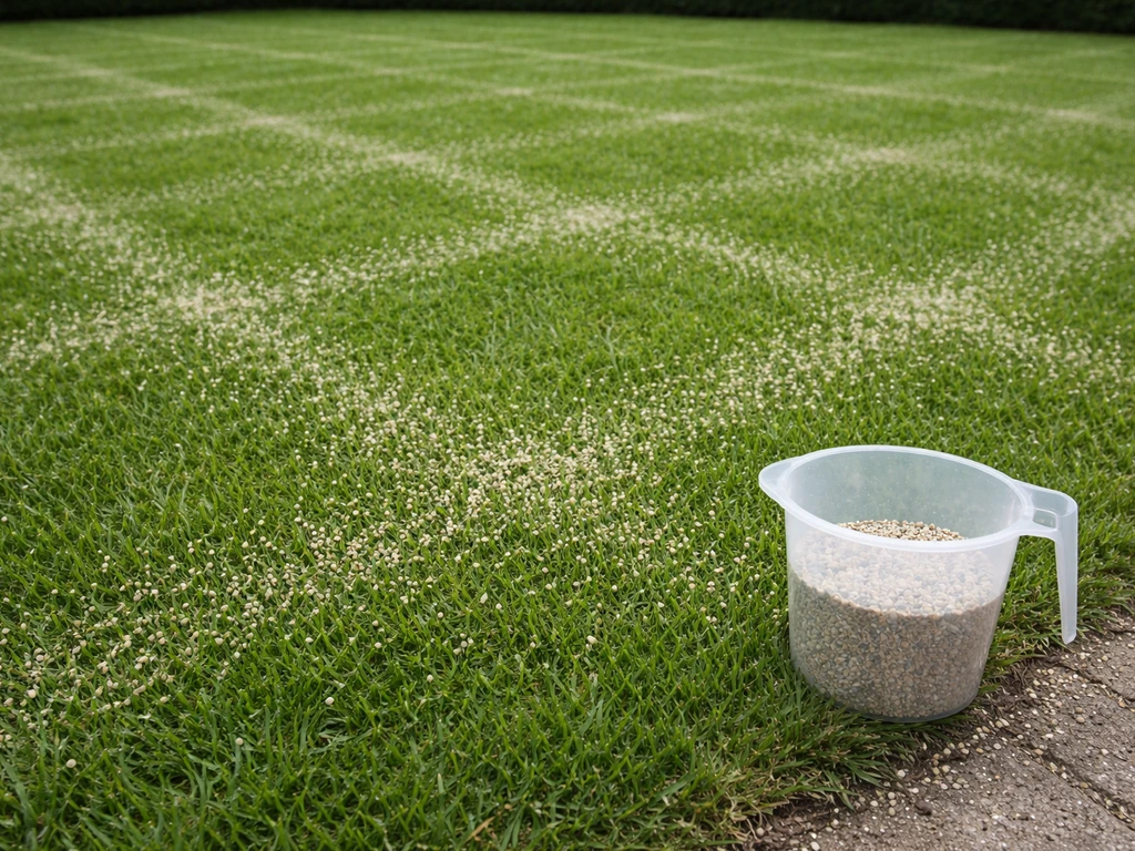 Gazon met twee loodrechte strooipaden en een maatbeker met afgemeten mestkorrels als dosering-referentie.