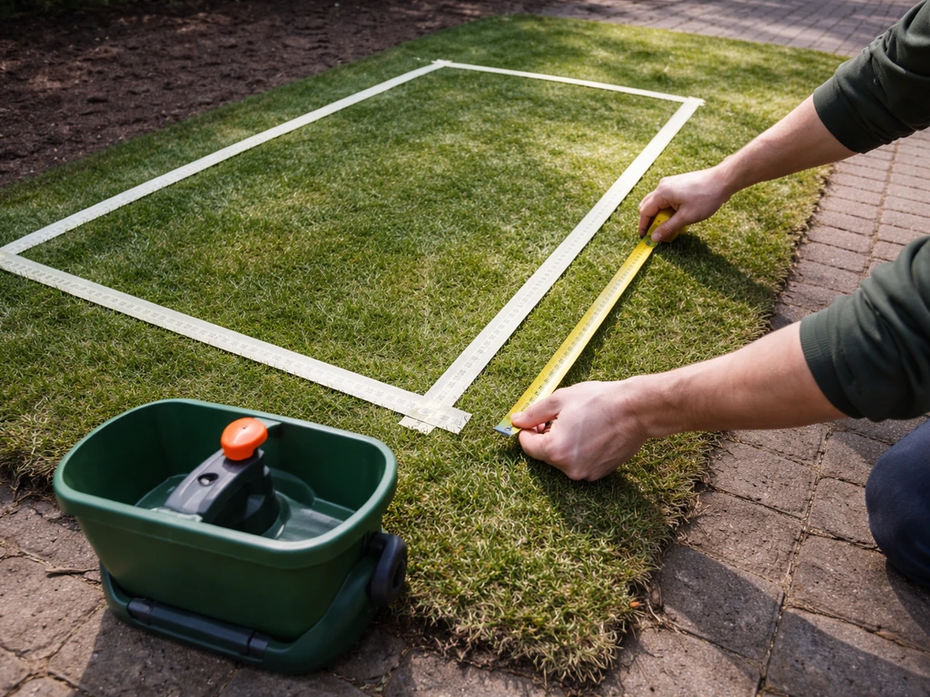 Handen meten een gazonvak met meetlint; handstrooier staat klaar op de grond met afgebakende tape.