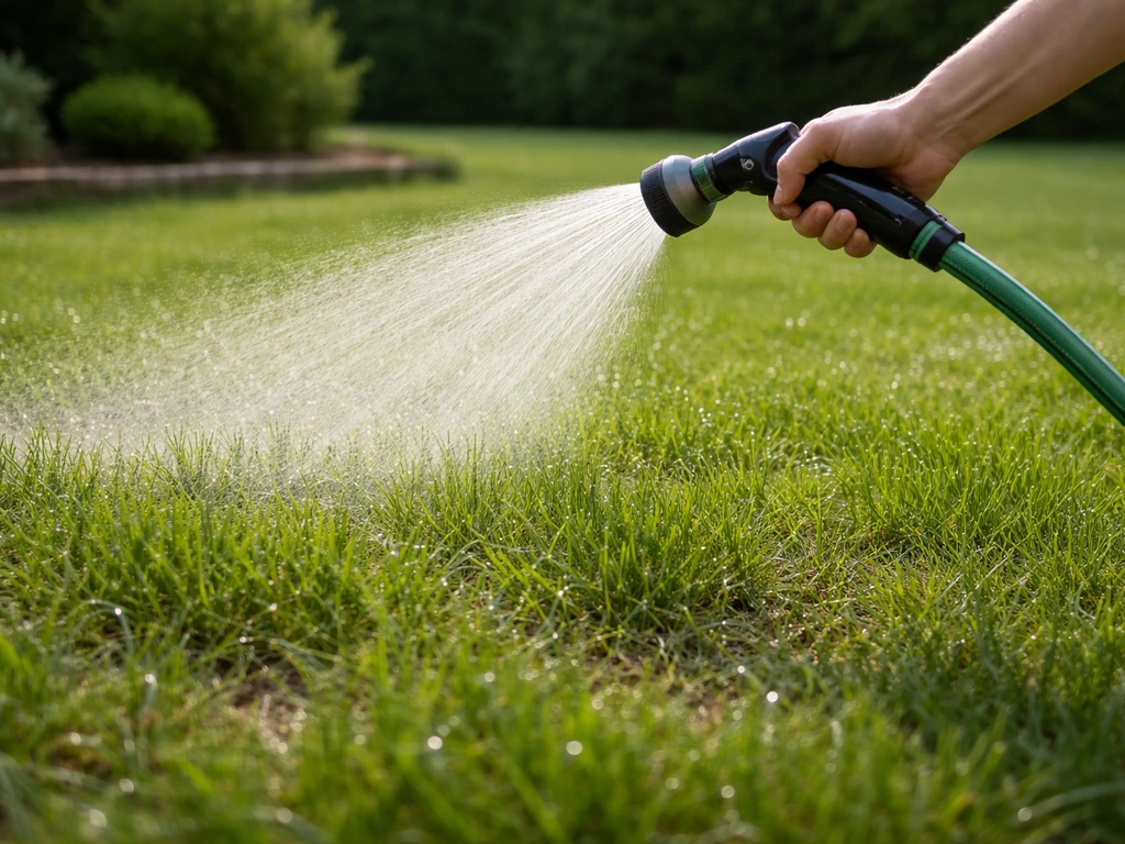 Tuinman geeft direct na het strooien water aan een gazon met tuinslang; grasmat neemt water op.