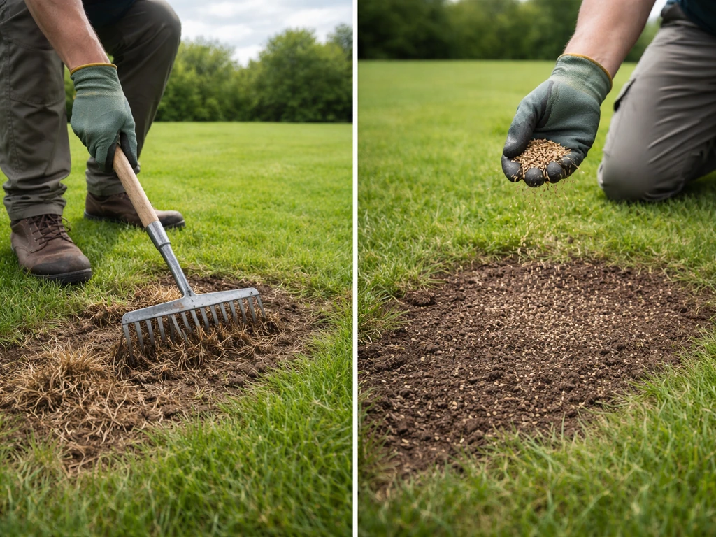 Tuinman schraapt dode plekken in een gazon met een hark en zaait daarna nieuw gazonzaad in.