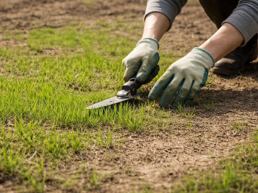 Nieuwe sprieten doorgezaaid gras, licht kale plekken, anonieme tuinier maait voorzichtig bij iets hogere maaihoogte.
