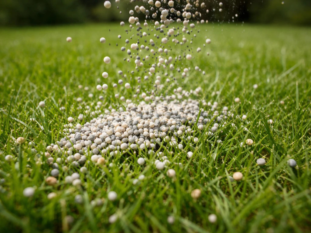 Korrelige NPK-gazonmest op groen gras met een klein zichtbaar strooipatroon.