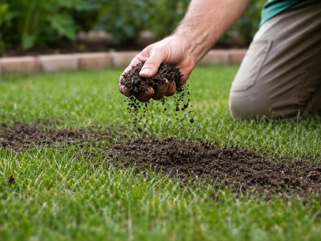 Donkere compost wordt dun uitgestrooid over een groen gazon, met zichtbare textuur tussen het gras.