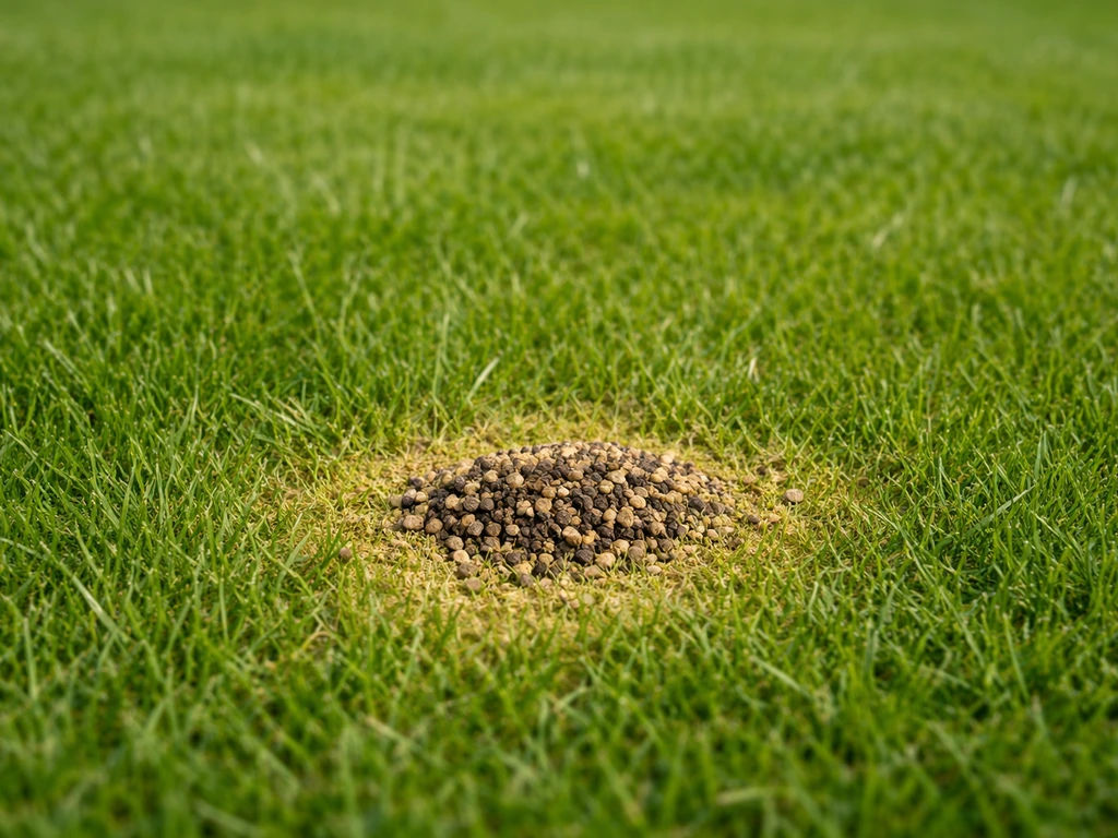 Groen grasveld met één duidelijk plekje waar mestkorrels zijn gevallen en lokaal verkleuring zichtbaar is.