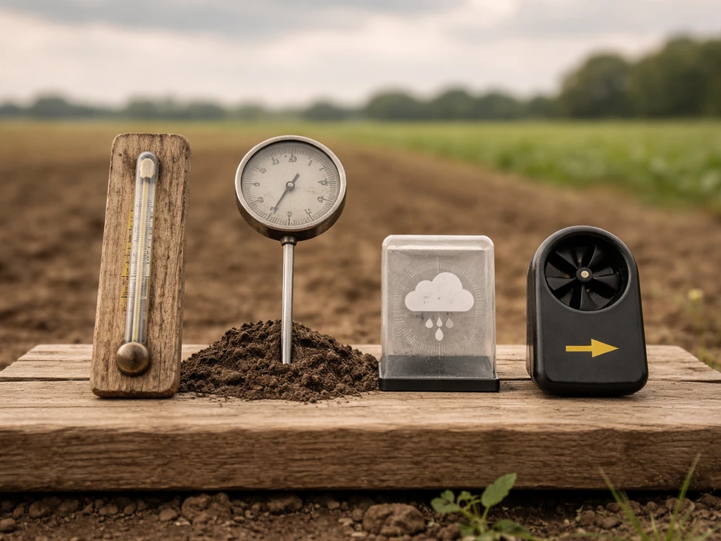 Landbouwplankje met thermometer, bodemthermometer en regen- en windmeter in landelijke setting, geen tekst.