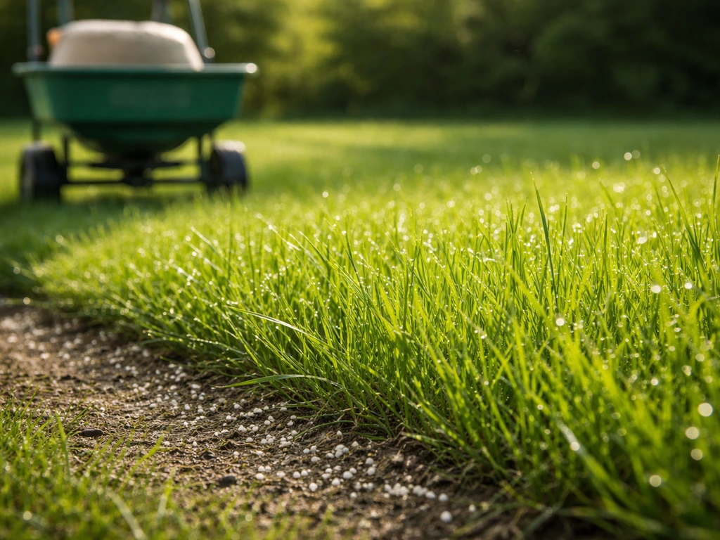 Nabij gazon met verse voorjaarsgroei, strooier naast het gras en meststofsporen op de achtergrond