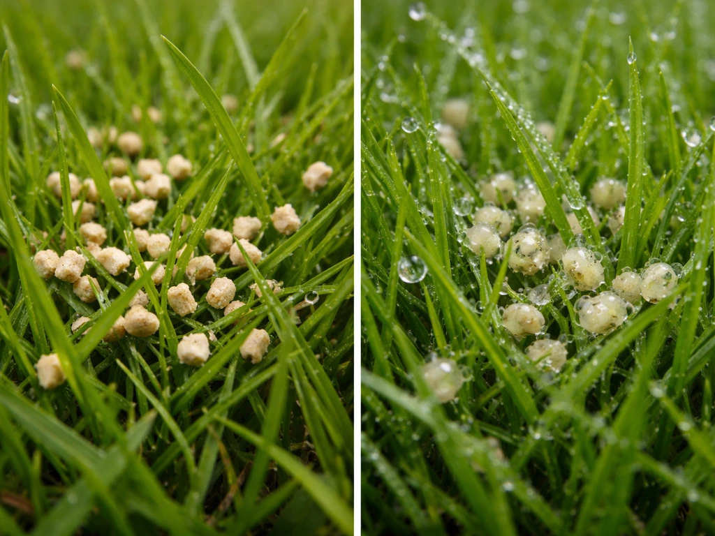 Vergelijking: links mestkorrels op droog gras, rechts mestkorrels die oplossen door lichte regen/vocht.