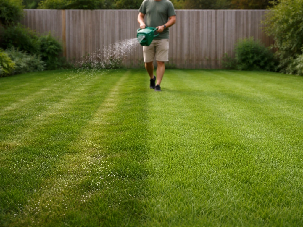 Anonieme tuinier strooit kunstmest op gazon; links duidelijke strepen, rechts gelijkmatiger groen.