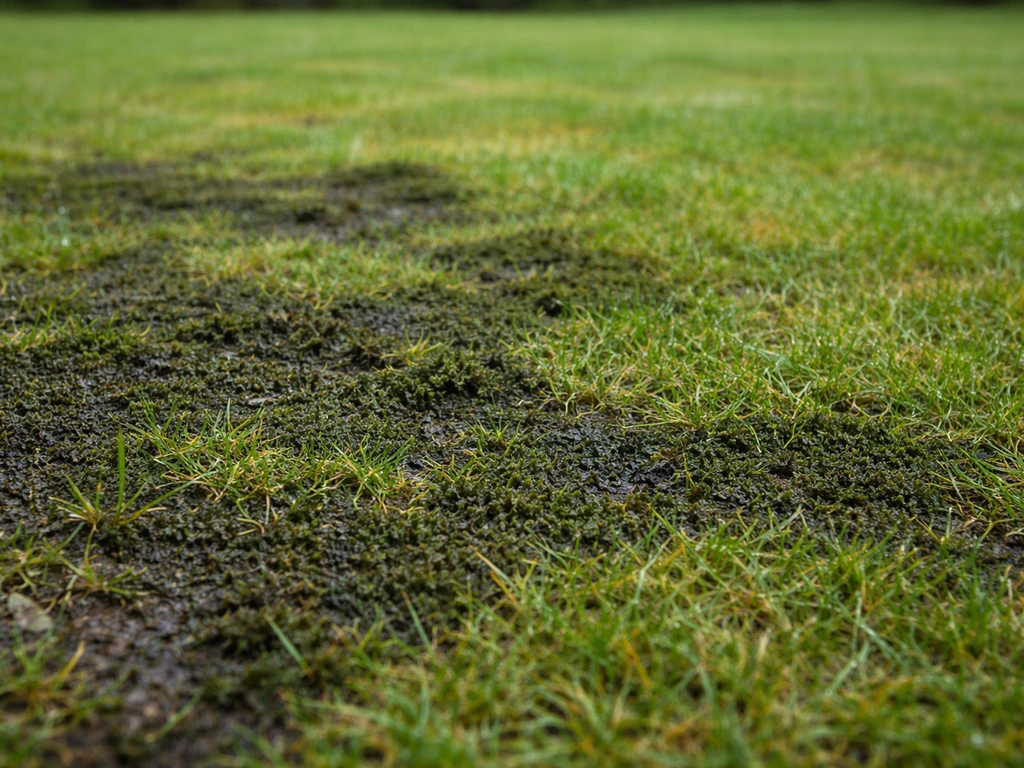 Close-up van een gazon met duidelijke mosplekken, donkergroene plekken die mosdruk laten zien.