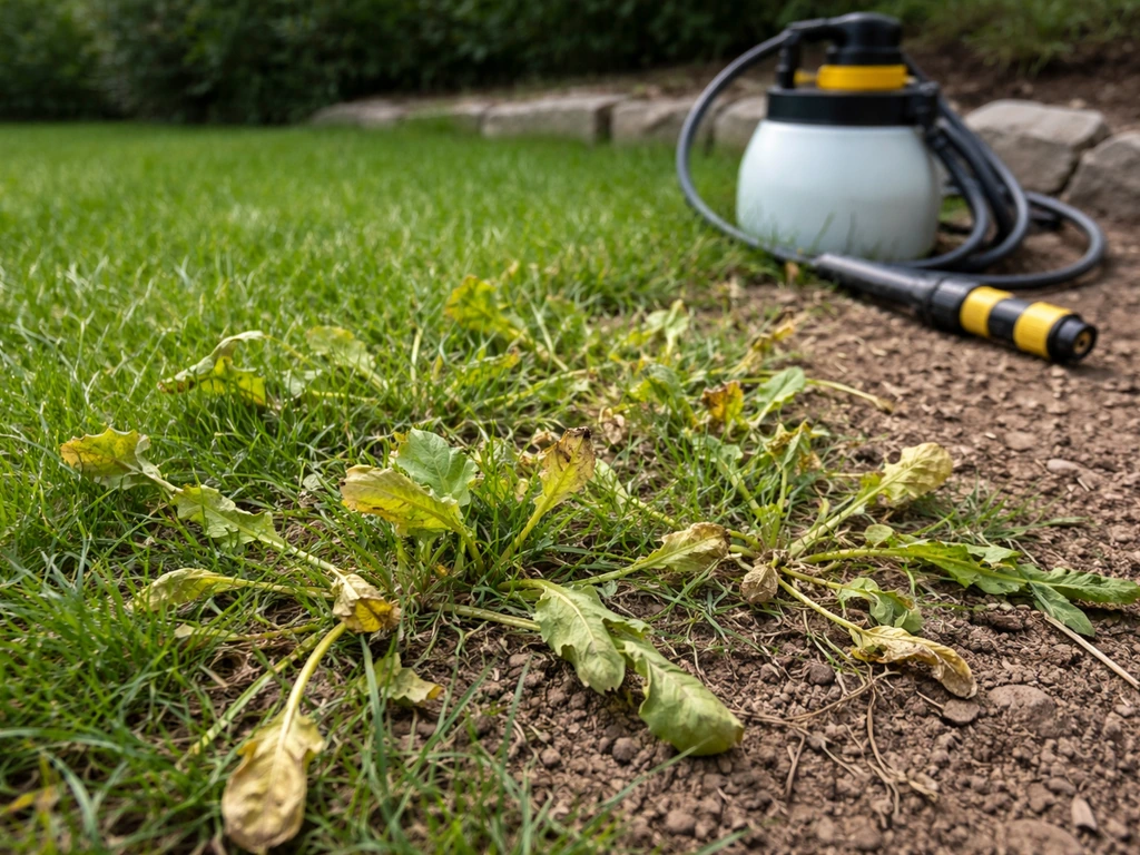 Gazon met verkleurend en gekruld onkruid, daarnaast schoon tuingereedschap op 3–5 dagen na behandeling.