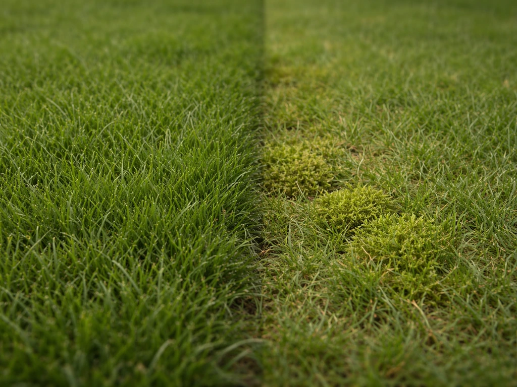 Close-up van een gazon met twee stroken: dichter groen gras links en wat mos tussen het open gras rechts.