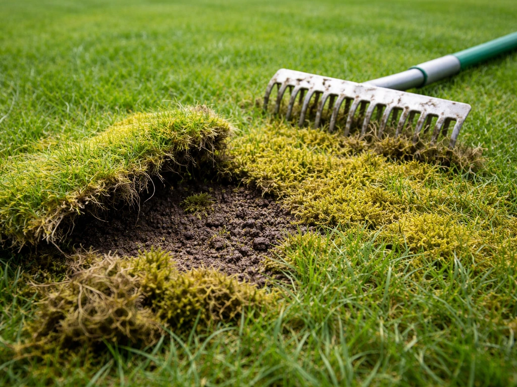 Mosplekken in het gazon met een verticuteer-/krabbenhark naast het gras, klaar om mos te verwijderen.