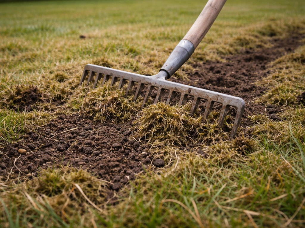 Close-up van een tuinhark die mos/vilt loswerkt in een beluchte gazontoplaag met opengewerkte aarde.