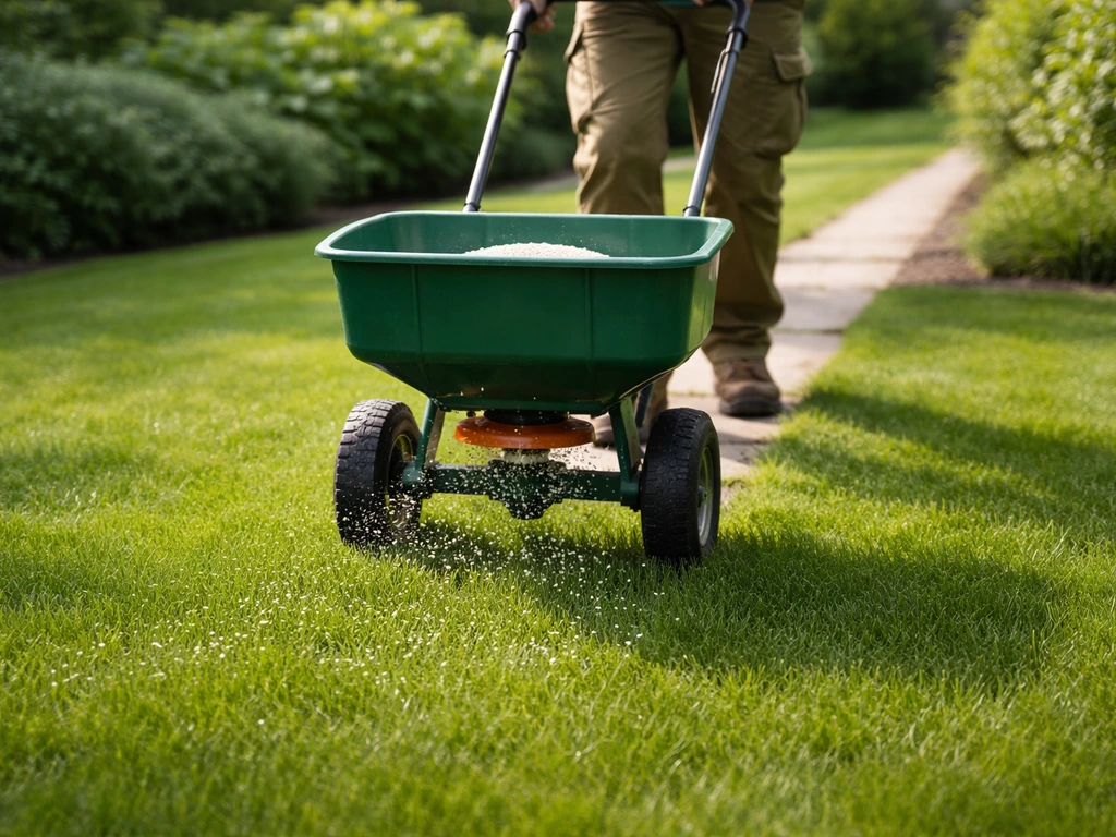 Anonieme duwstrooier die gazonmestkorrels over groen gazon uitstrooit in een rustige NL-tuin.