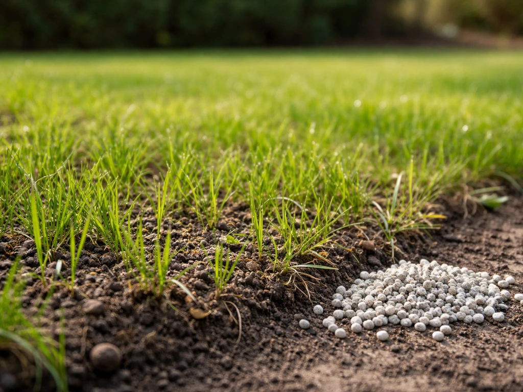 Lentegroen gazon met jonge grassprieten die zichtbaar groeien, klaar voor de eerste bemesting