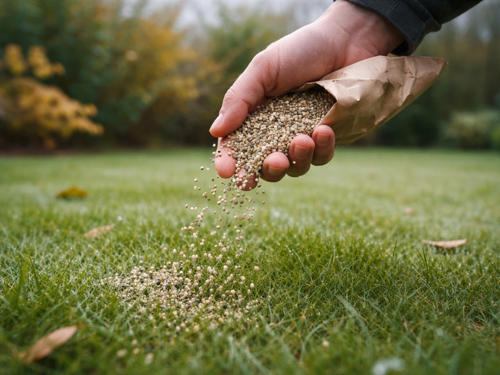 Tuingazon met hand die najaarsgazonmestkorrels uitstrooit in september bij koel, bewolkt weer.