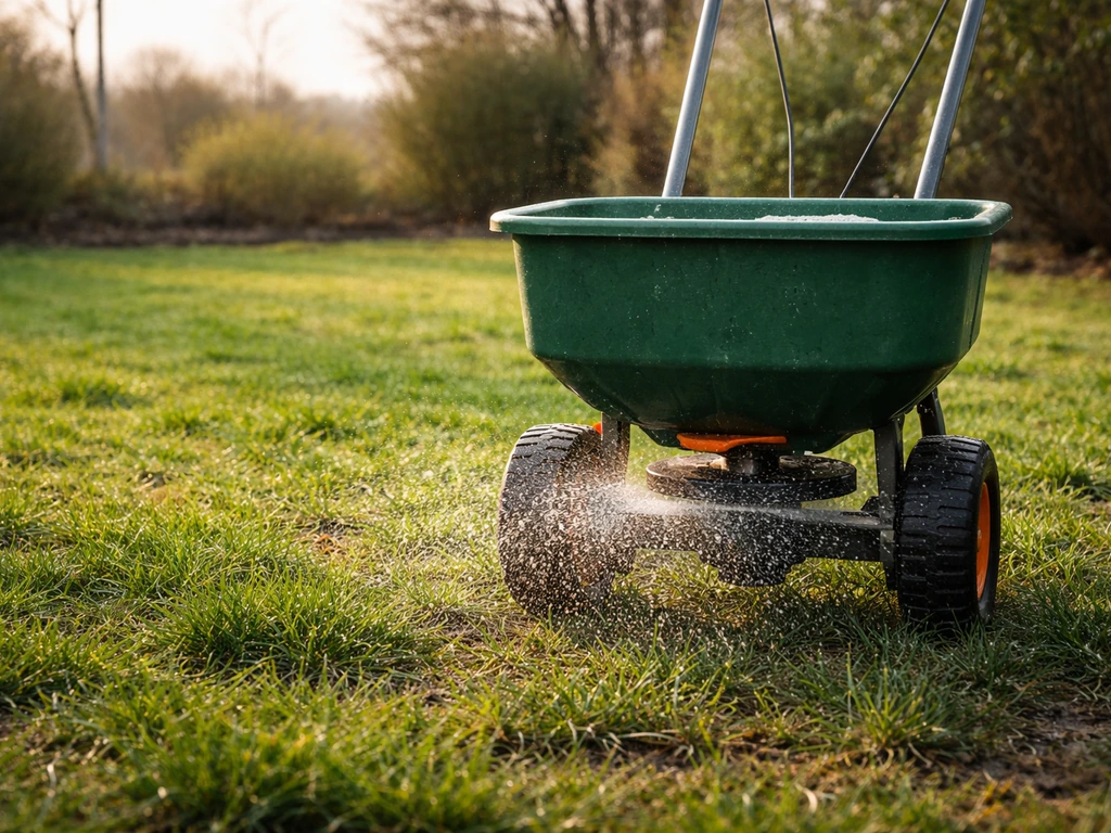 Groen gazon in vroege lente met een strooier die bemesting uitstrooit op een rustige tuinplek.