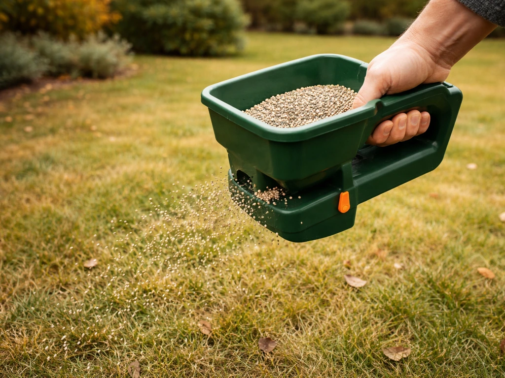 Hand met strooier die najaarskorrels over een gazon met herfsttinten strooit.