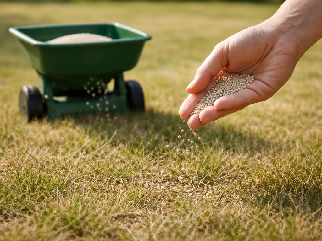 Hand en handstrooier die droge gazonkorrrels op droog gras strooien, zonder natte plekken of regen.