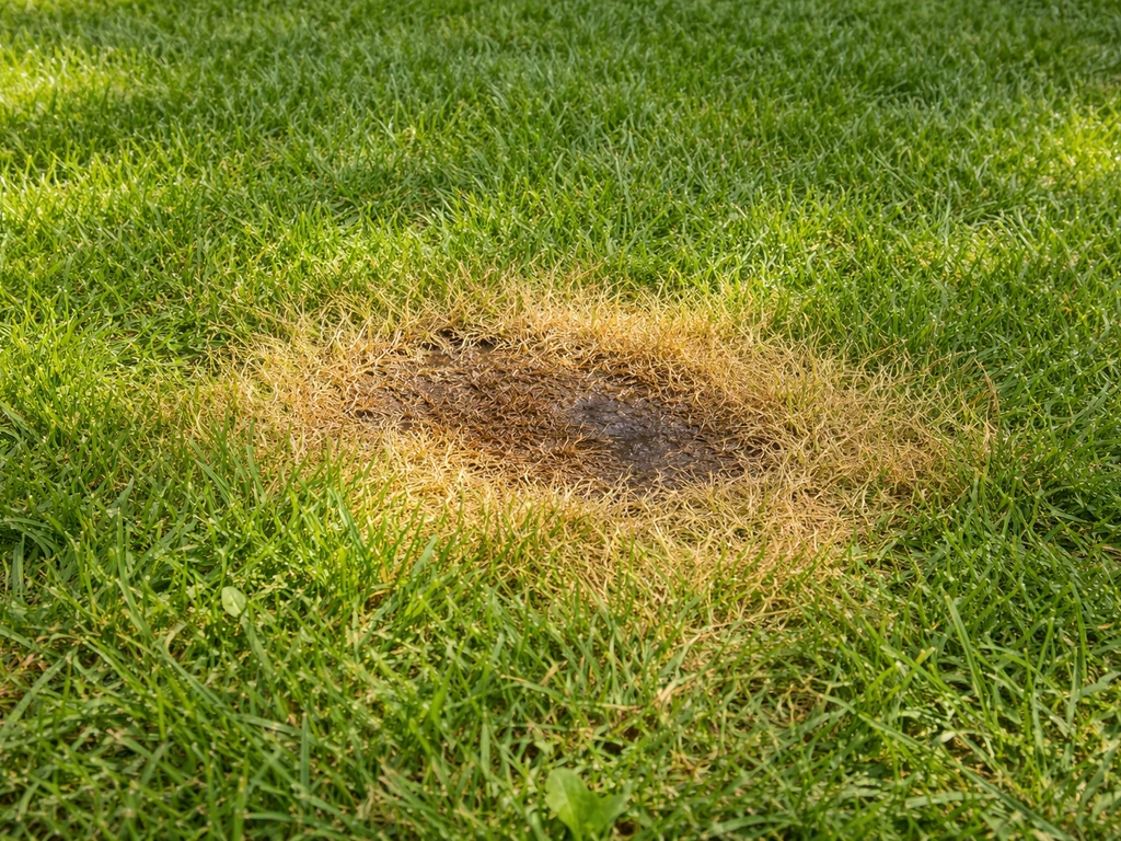 Close-up van een verbrande plek in het gras met ringvormige verkleuring rond een urineplek.
