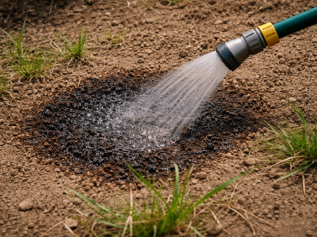 Tuinman spoelt een verbrande plek in de grond met een tuinslang, zodat meststoffen wegspoelen