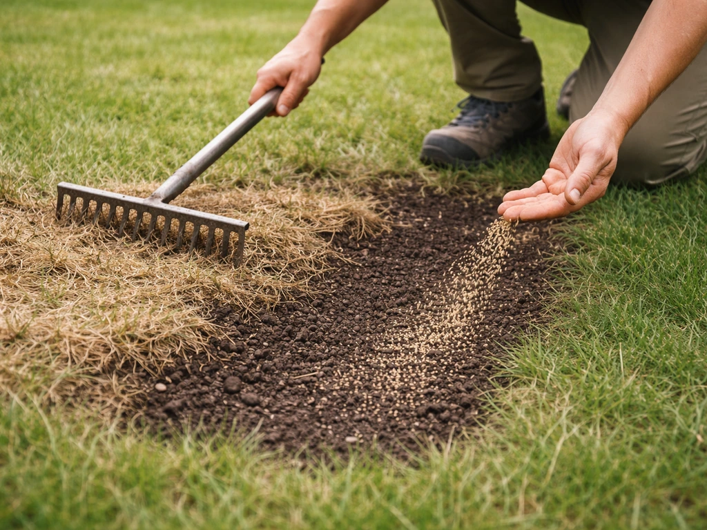 Tuinier met hark verwijdert dood gras en strooit zaad op een mini-kale strook aarde.