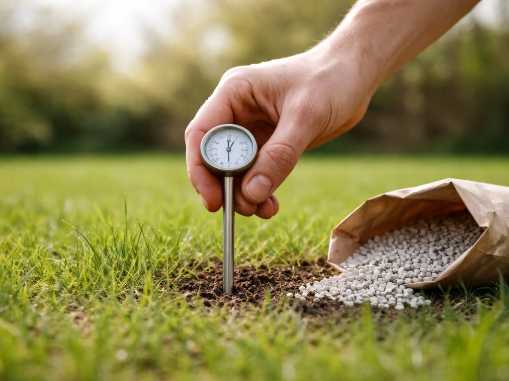 Lente gazon met jonge sprieten en een hand met bodemthermometer bij ongeveer 10 °C tijdens bemesten