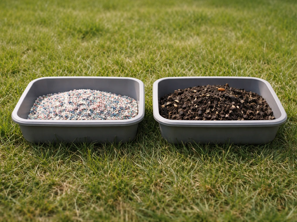 Twee bakken met kunstmestkorrels en organische compost op een gazon, met duidelijk verschil in textuur.