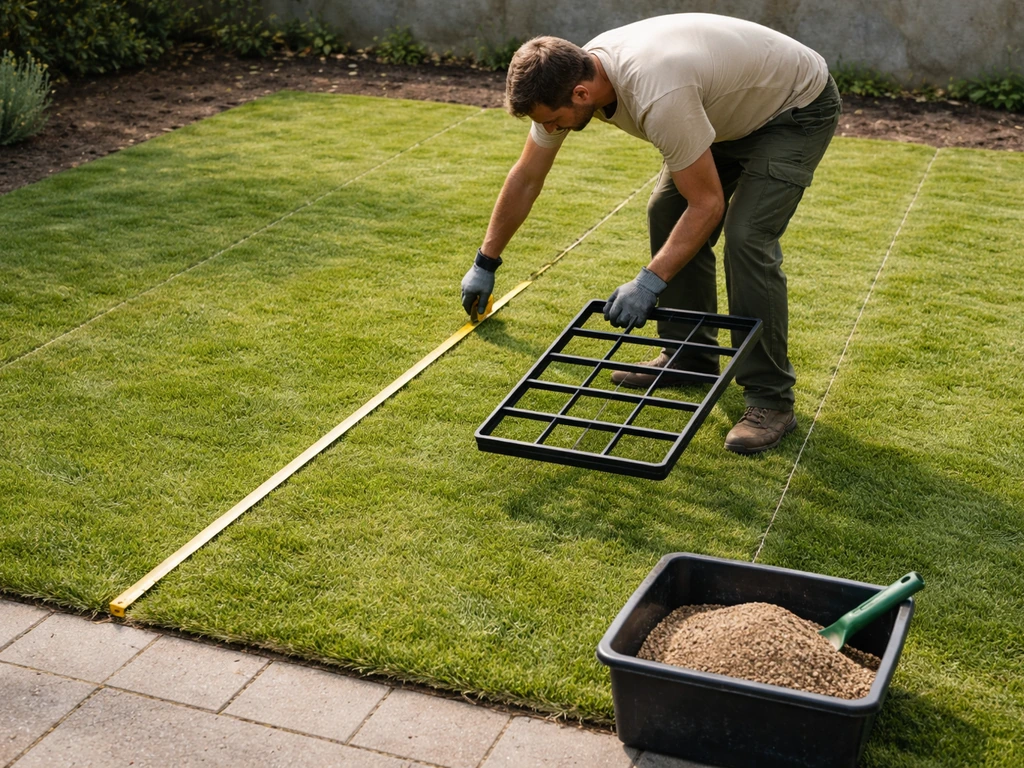 Tuinmedewerker meet het gazon met een meetlint en bereidt het gelijkmatig uitstrooien van organische mest voor.