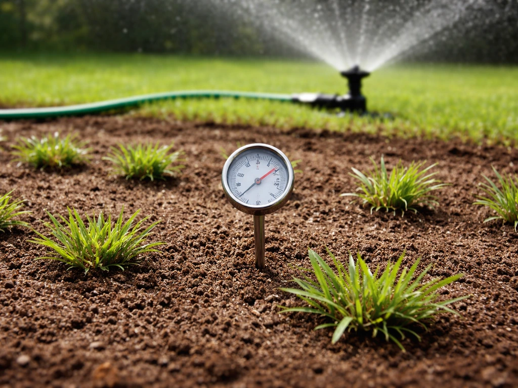 Warm-weather St. Augustine planting setup with soil thermometer and irrigation hose in a simple yard.