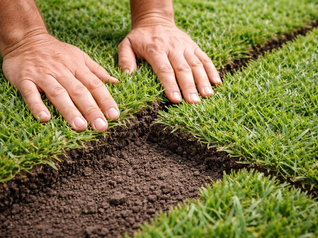 Close-up of hands pressing St. Augustine sod seams into damp soil in a staggered brick pattern.