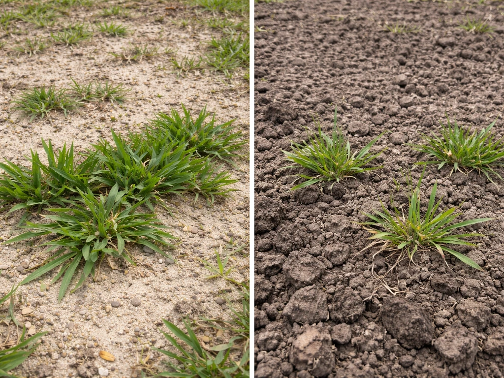 Split view of sandy Florida-like soil with healthy St. Augustine vs clay Texas-like soil with stressed growth.