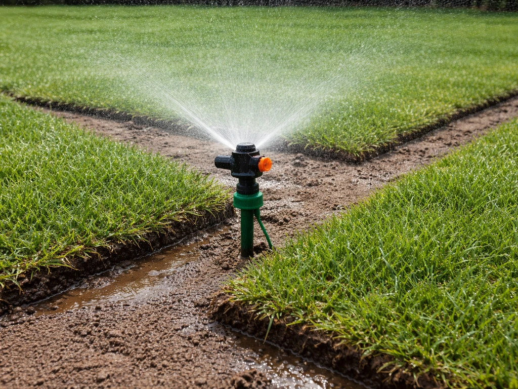 Garden sprinkler gently watering newly laid sod in a clean, minimal backyard lawn