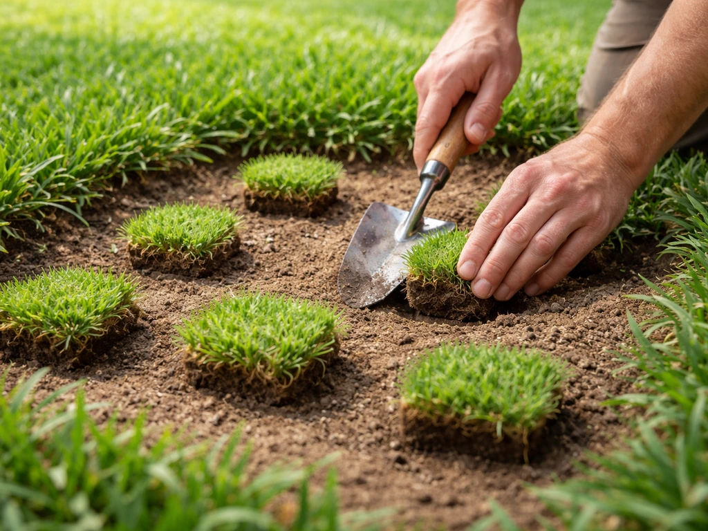 Hands inserting St. Augustine sod plugs into bare lawn spots with healthy grass nearby.