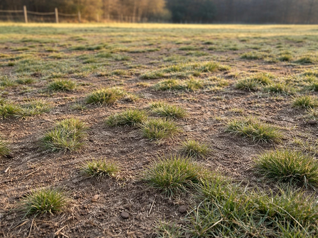 Patchy horse pasture ground with sparse grass and bare soil spots ready for overseeding.