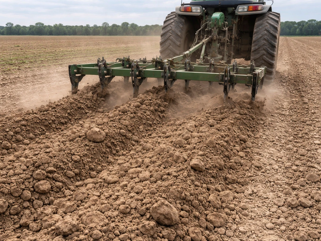 A tractor with a chisel plow loosens compacted soil in a simple, quiet pasture.
