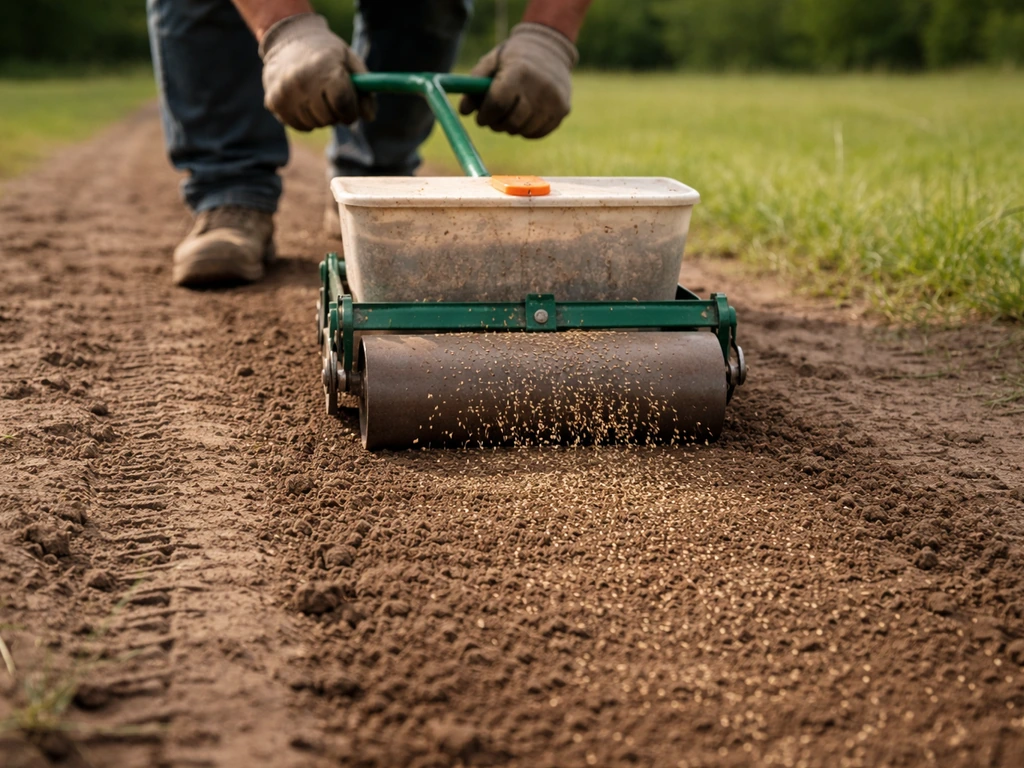 Worker seeding a bare horse pasture strip, then pressing seeds into soil with a roller tool for contact.