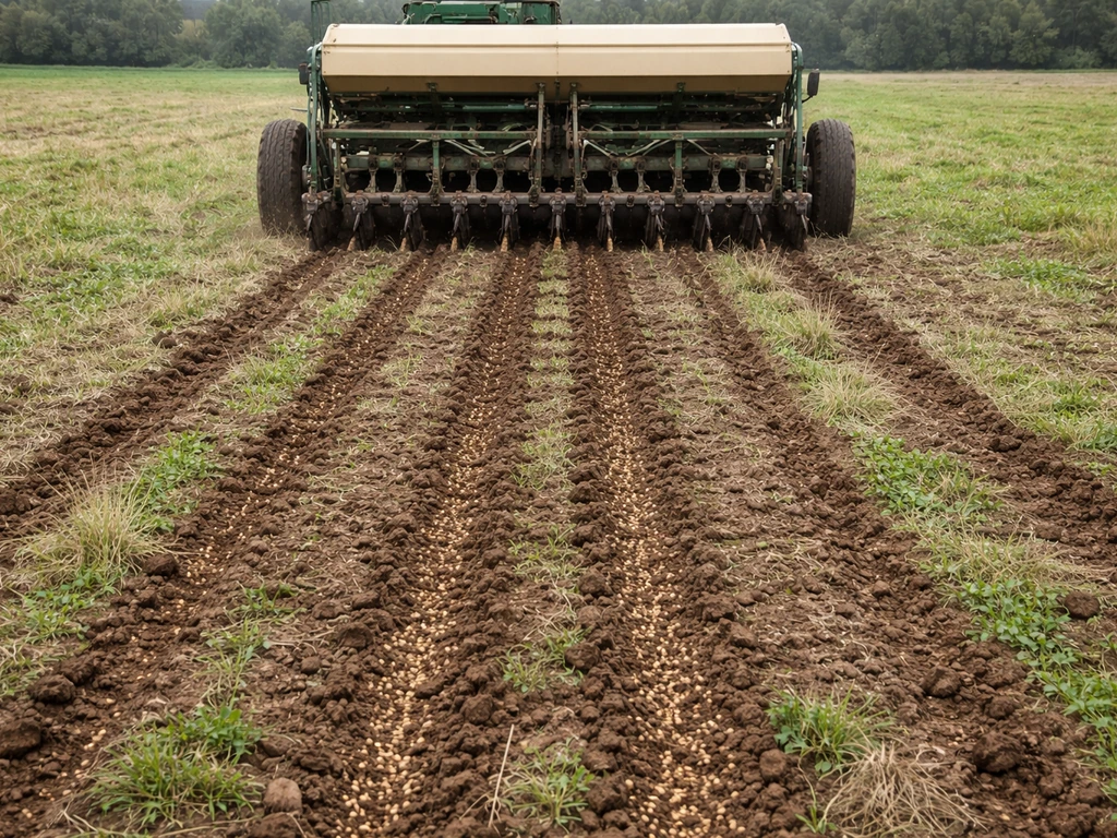 A drill seeder lays seed in a pasture, leaving narrow furrows and clear seed-to-soil contact lines.