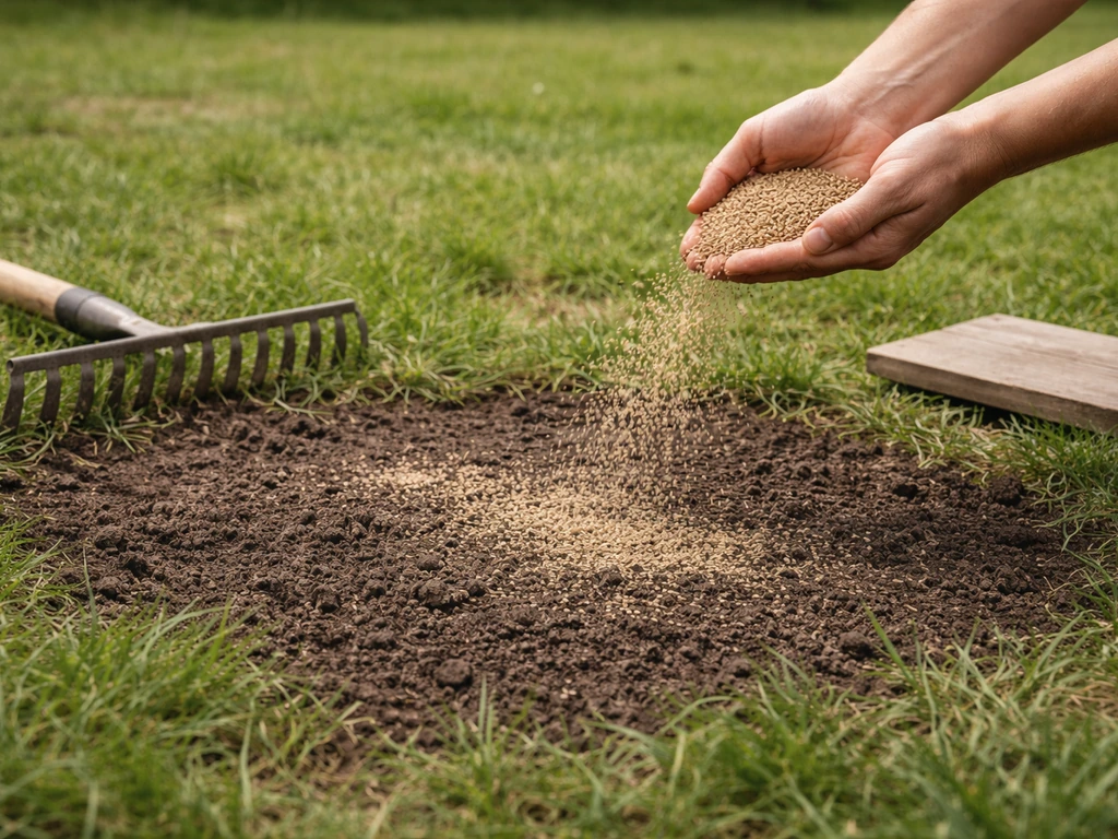 Hand spreading grass seed over a bare patch in an established pasture, lightly raked and pressed into soil.